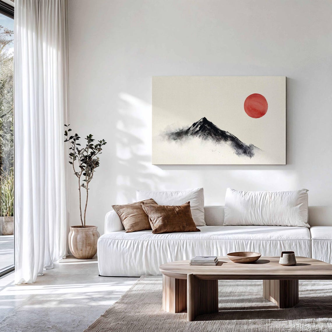 Minimalist Japanese Ink Mountain Mist Red Sun Sumi E Art Poster - Image 3