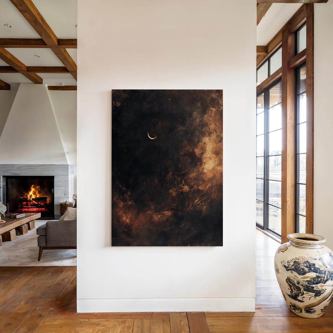 Moody Moon Wall Art Framed Bronze Tones Large Wall Art Ready To Hang Wall Decor Boho Wall Decor Modern Wall Art Framed