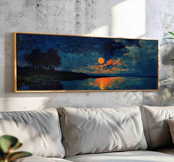 Sunset Over The Blue Lake Moody Panoramic Print Minimal Horizontal Wall Art Framed Vintage Painting Print Boho Wall Art