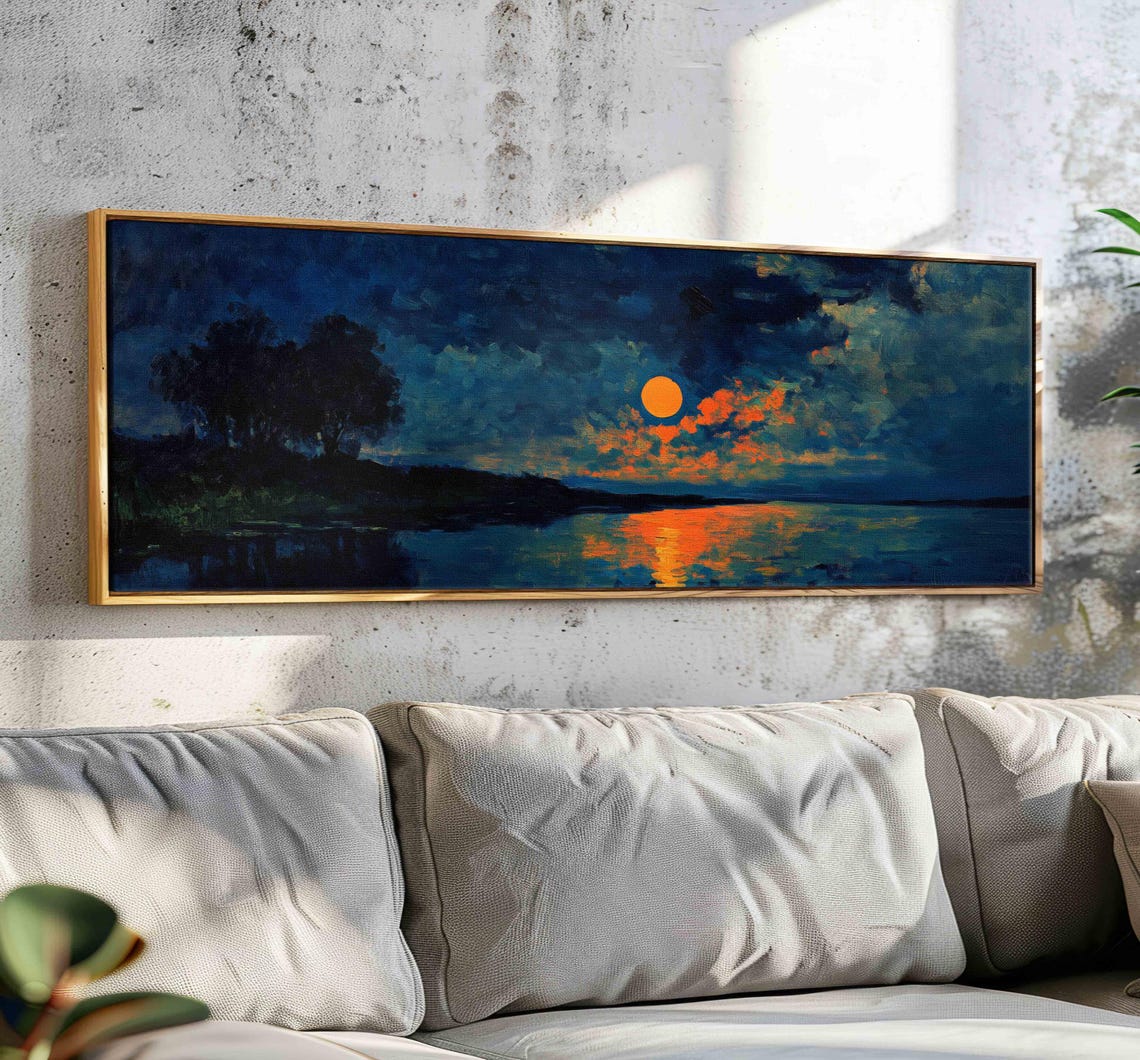 Moody Lake Sunset Orange Sun Dark Blue Panoramic Art Wall Poster