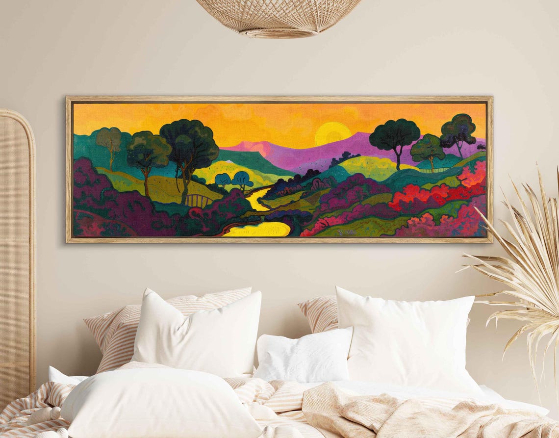 Colorful Valley Sunset Hills Painted Fauvist Landscape Panoramic Print - Image 2