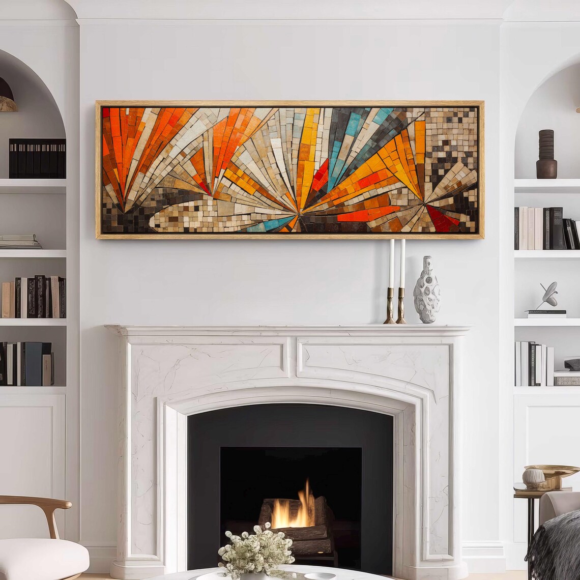 Mid Century Mosaic Sunburst Radiating Tiles Panoramic Framed Art Print - Image 3