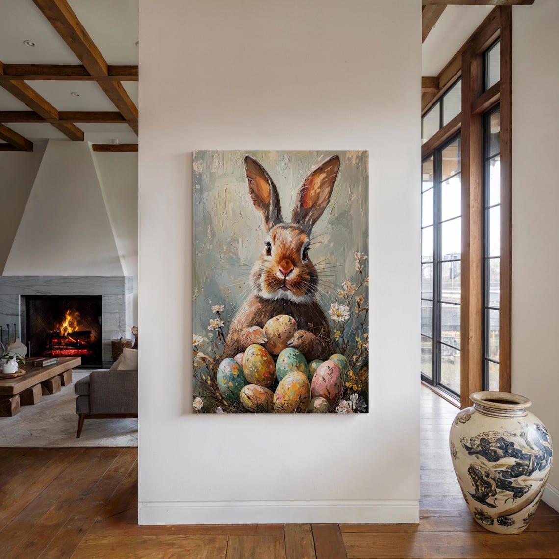 Brown Easter Bunny Holding Speckled Eggs Wildflower Meadow Art Poster