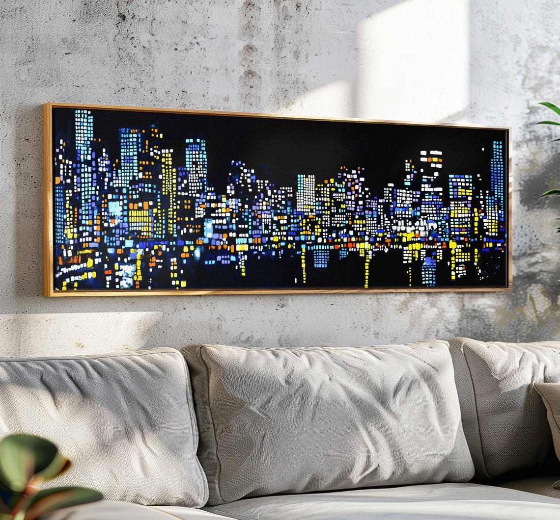 Night City Skyline Mosaic of Glowing Lit Windows Panoramic Wall Art