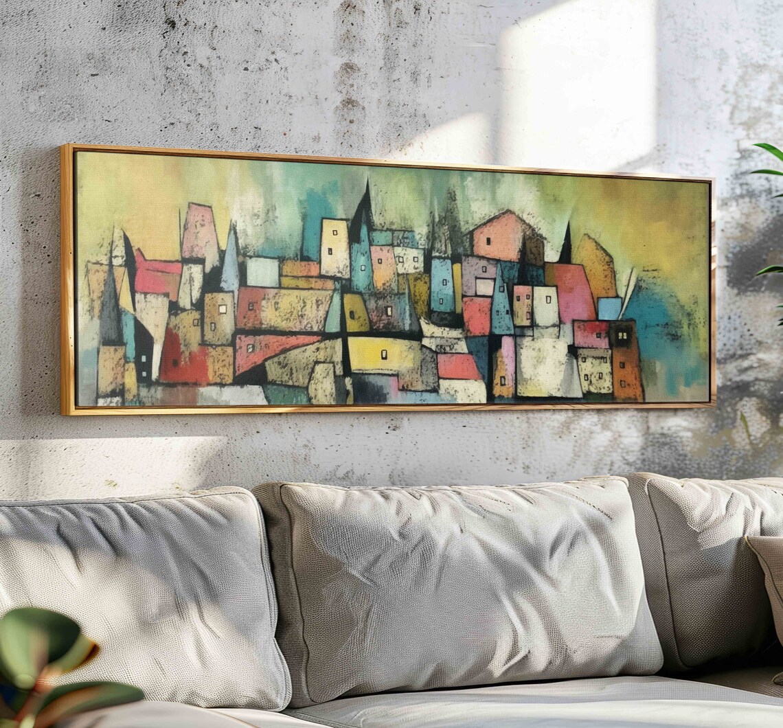 Colorful Abstract Village Houses Painting Mid Century Wall Art