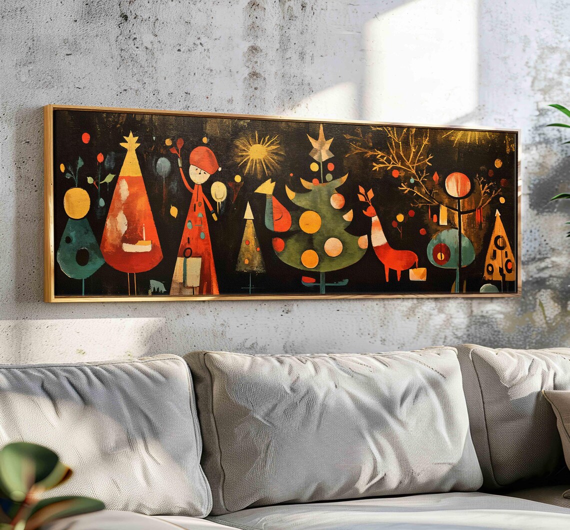 Playful Mid Century Christmas Girl Reindeer Trees Whimsical Wall Art