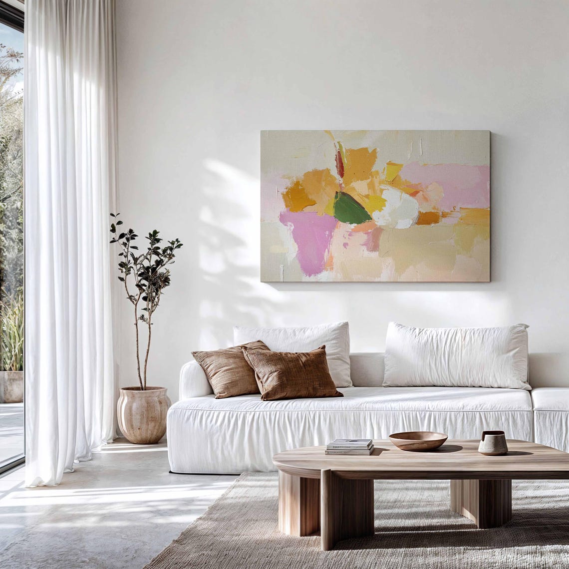 Soft Pastel Abstract Brushstrokes Pink Yellow Cream Modern Wall Art - Image 3