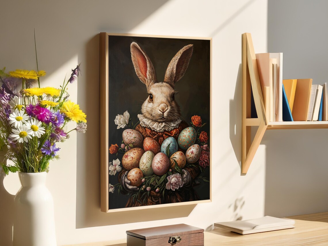 Vintage Baroque Easter Bunny Portrait Decorated Eggs Oil Painting Poster - Image 4
