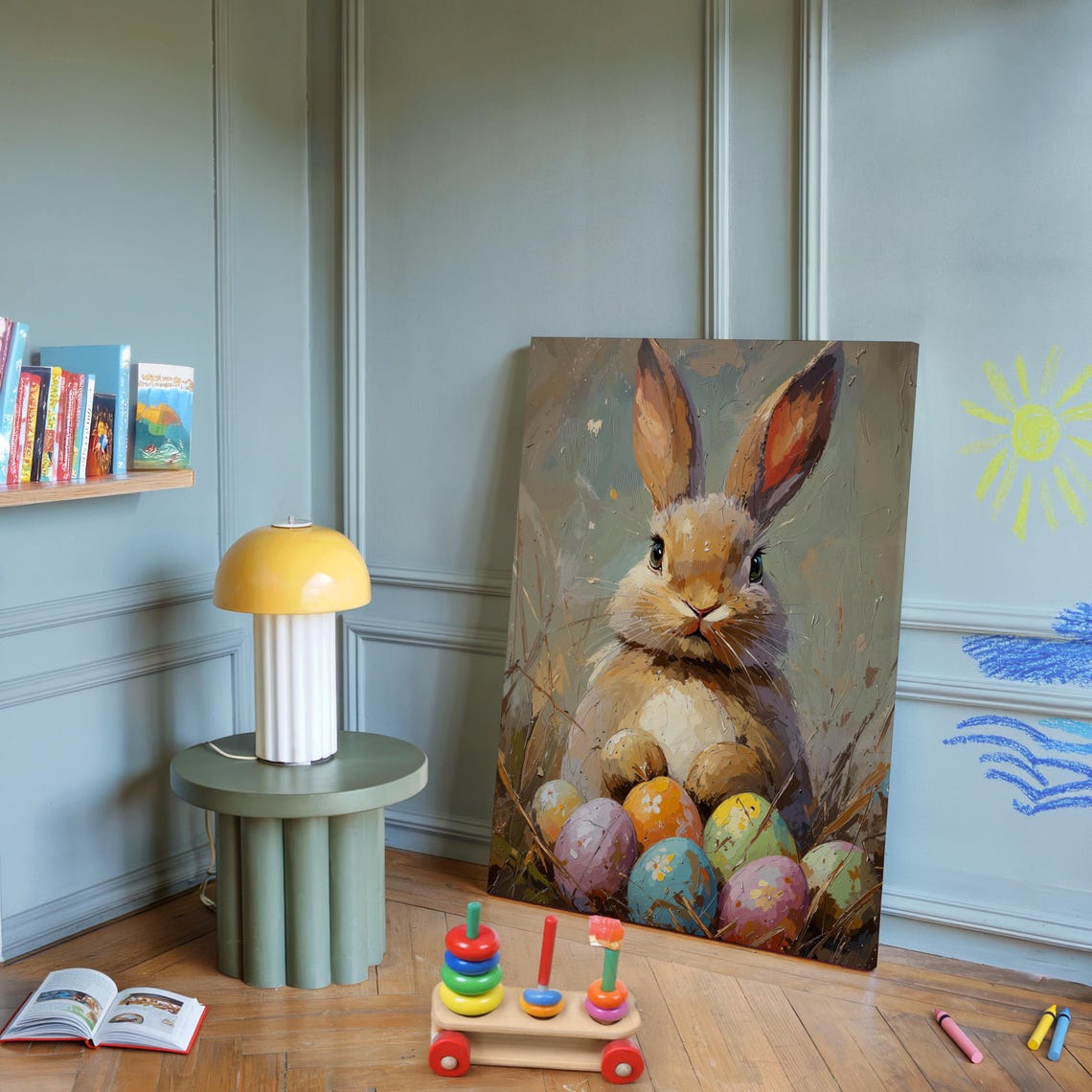 Cute Easter Bunny Colorful Painted Eggs Spring Meadow Painting Poster - Image 2