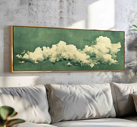 Seige Green Cloud Wall Art Framed Minimalist Cloud Wall Art Framed Horizontal Wall Art Large Print Oversized Panoramic Wall Decor