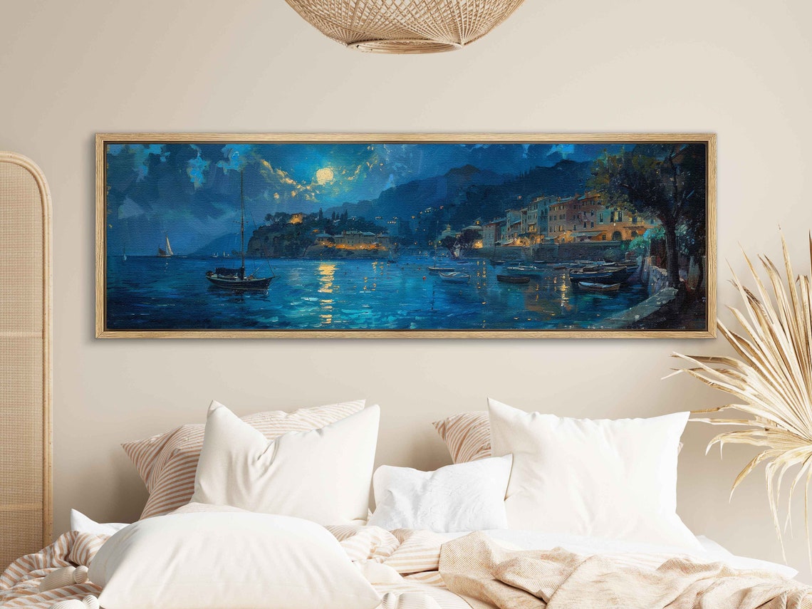 Portofino Italy Moonlit Harbor With Boats at Night Travel Poster - Image 2