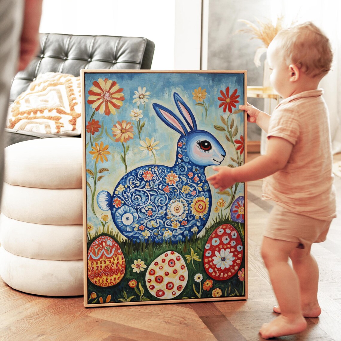 Folk Art Blue Easter Bunny Ornate Flowers Red Painted Eggs Spring Poster - Image 4