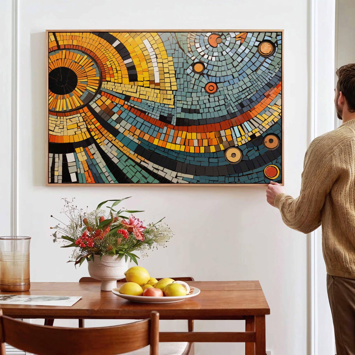 Mid Century Modern Geometric Mosaic Sunburst Arcs Abstract Wall Art