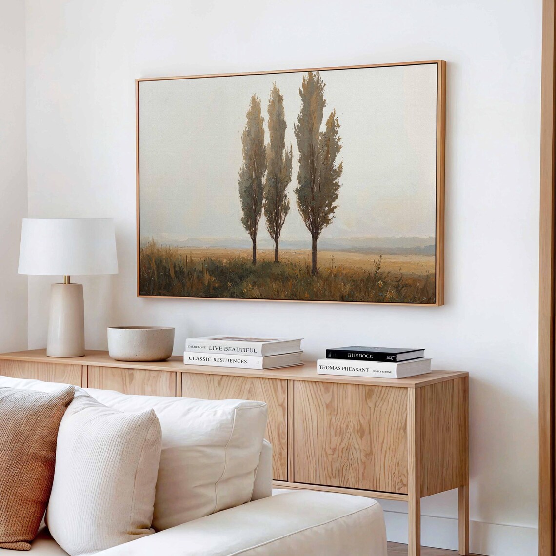 Three Poplar Trees Misty Field Neutral Minimalist Landscape Art Print - Image 4