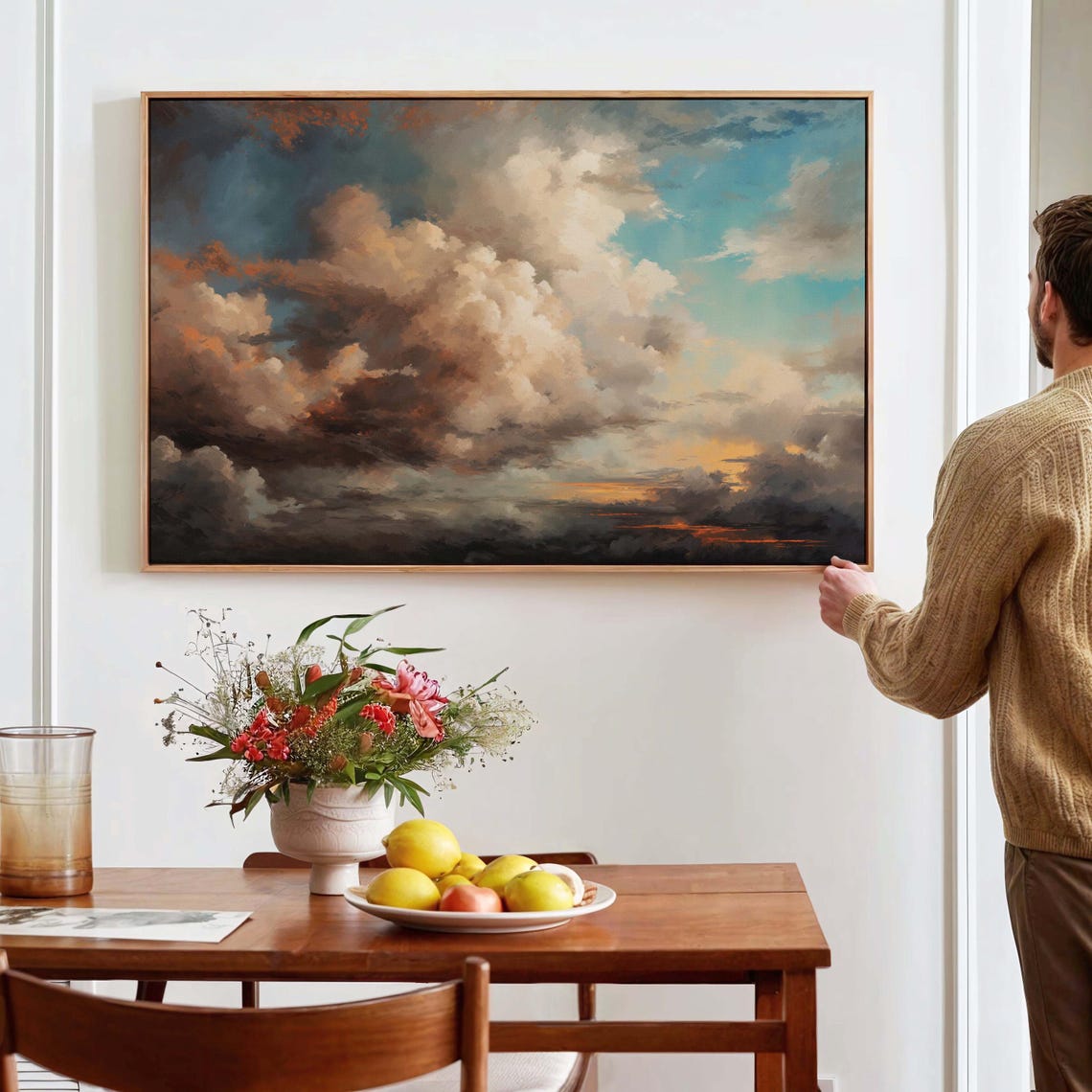 Dramatic Storm Clouds Vintage Sky Painting Panoramic Framed Art Print