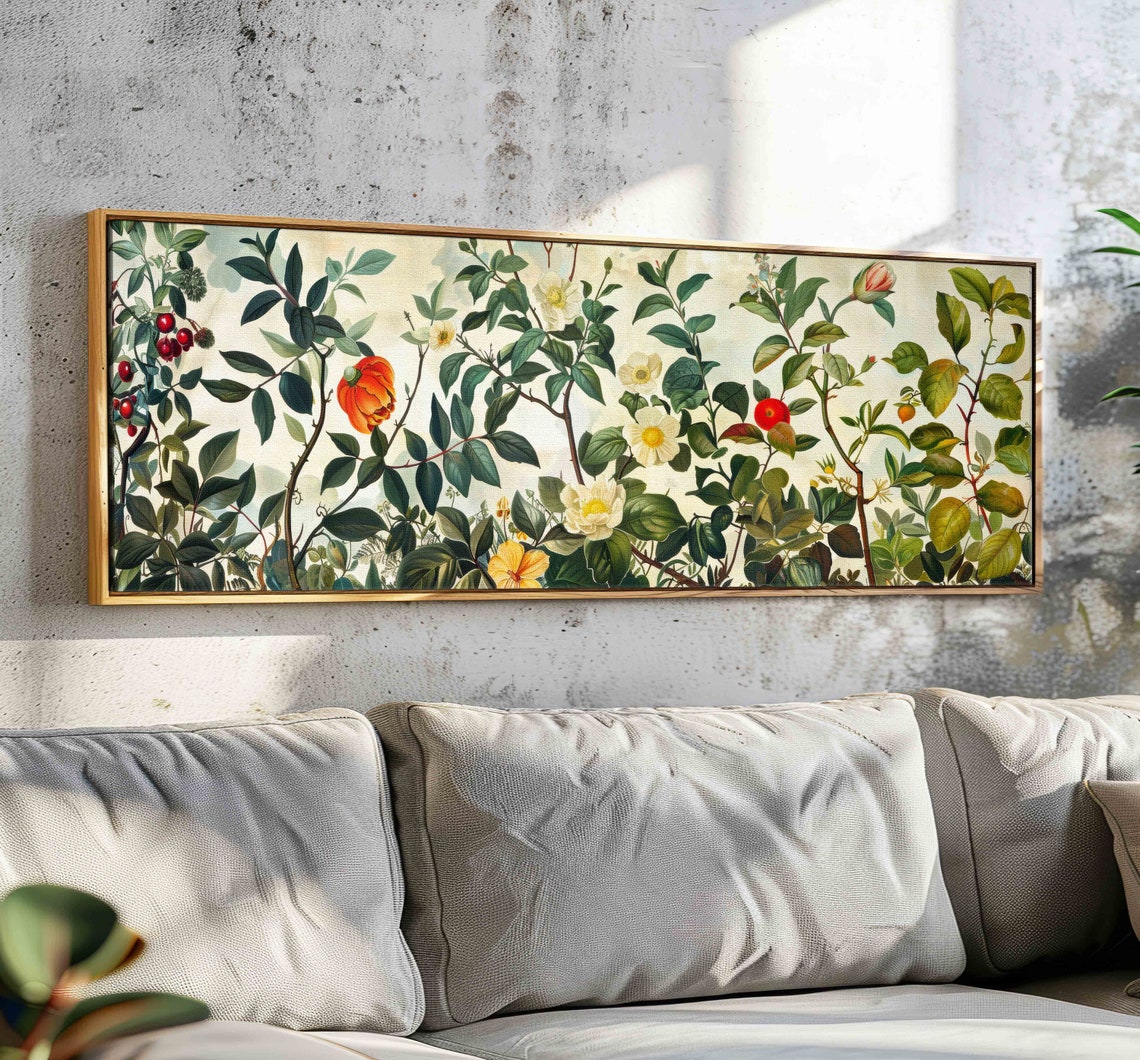 Vintage Botanical Floral Roses Panoramic Framed Wall Art Print
