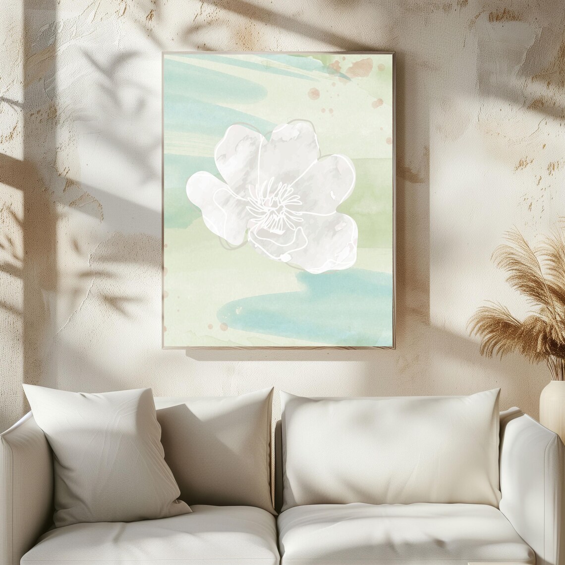 White Watercolor Flower Mint Green Wash Abstract Floral Art Poster - Image 3