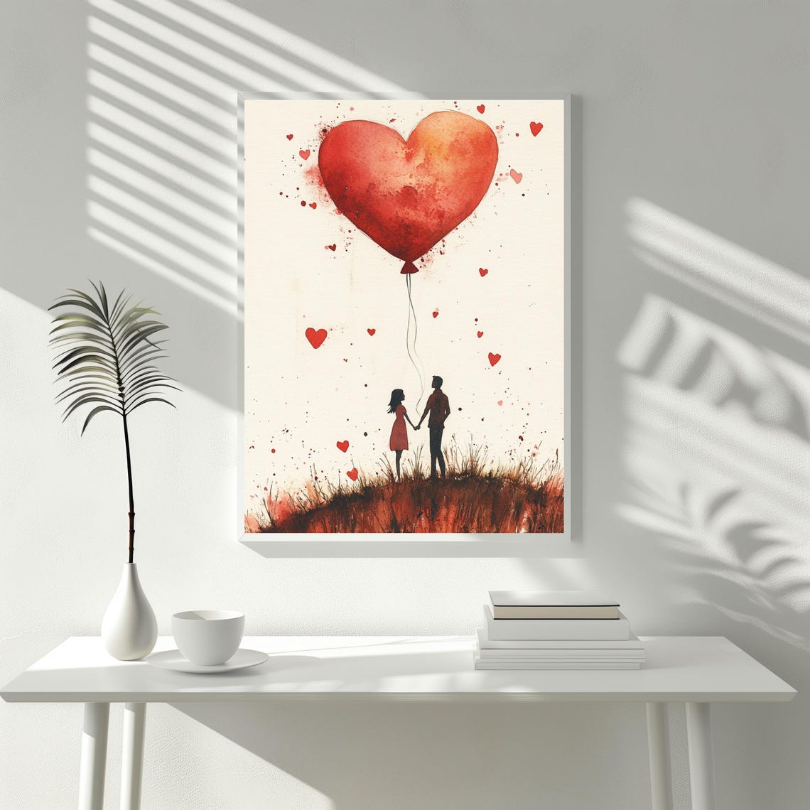 Romantic Couple Silhouette Giant Red Heart Balloon Watercolor Poster - Image 3