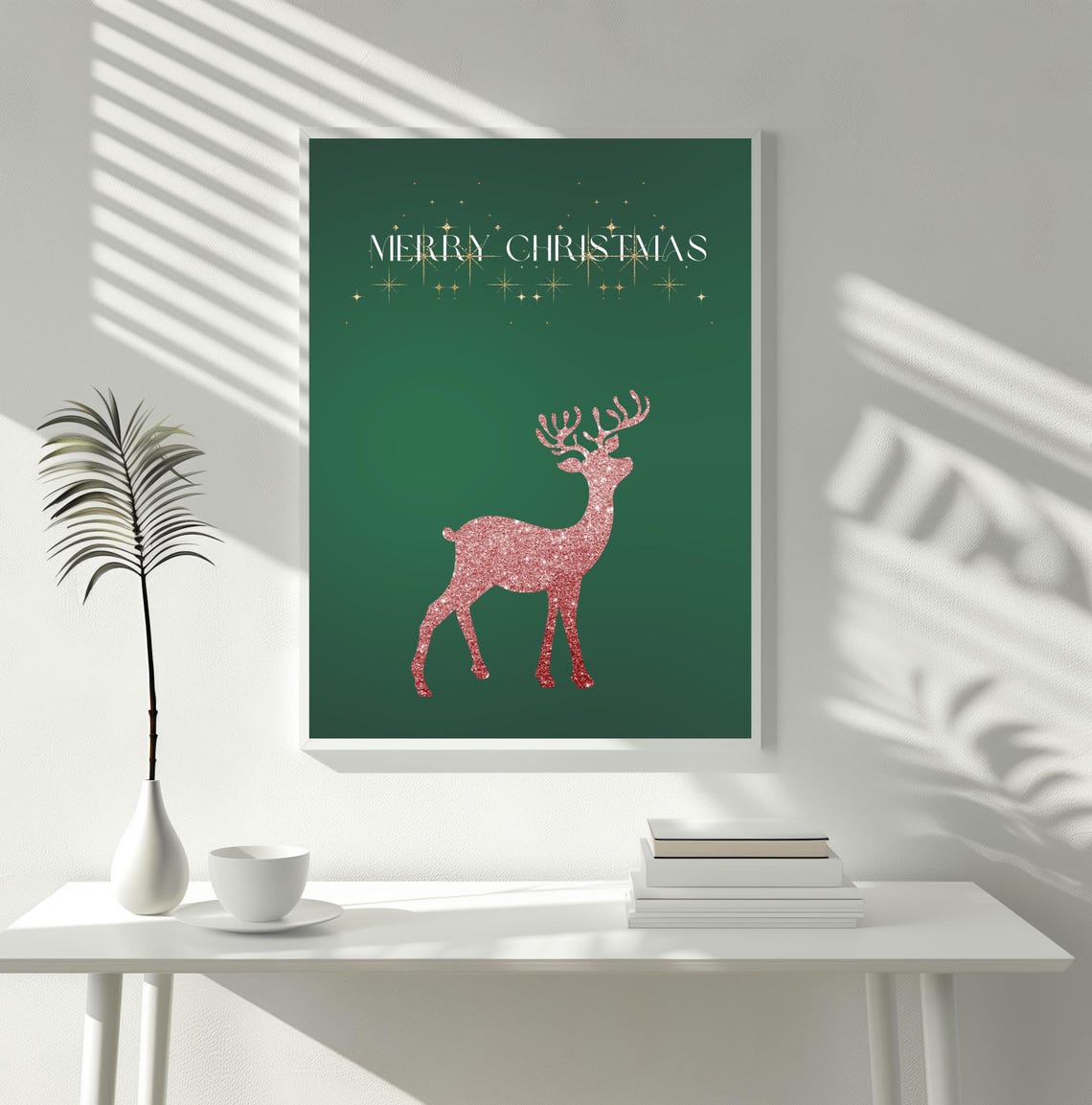 Merry Christmas Green Pink Glitter Reindeer Festive Holiday Poster - Image 2