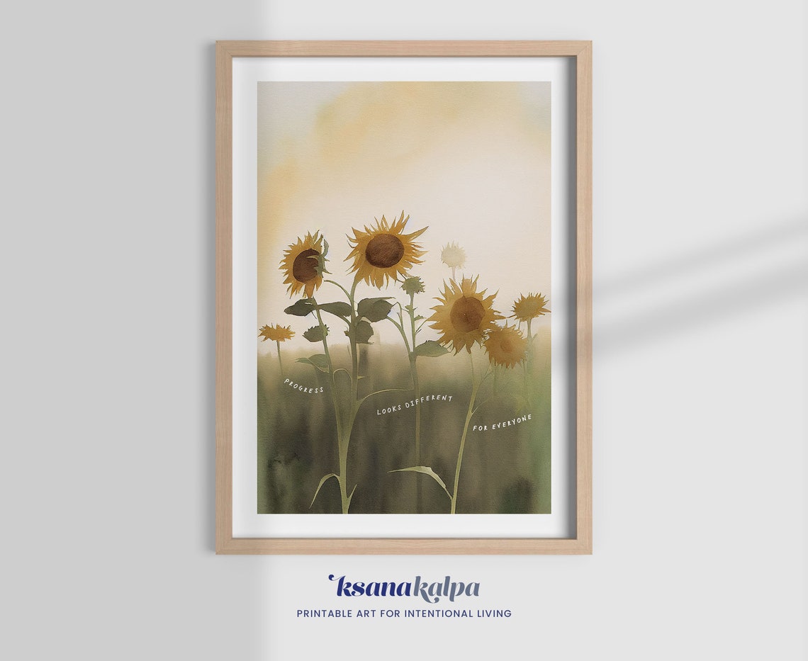 Progress Looks Different Sunflower Field Watercolor Quote Poster