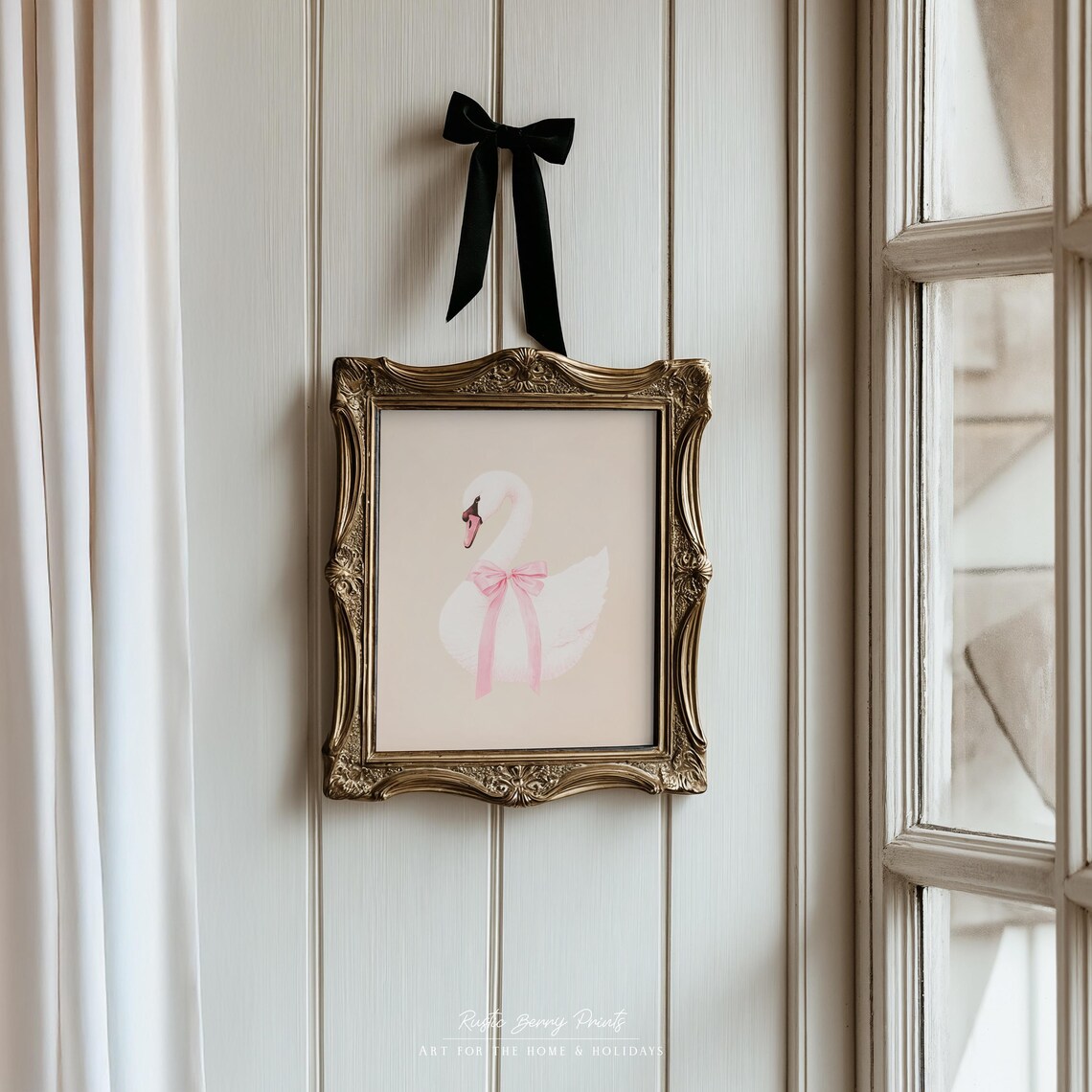 White Swan Pink Bow Coquette Blush Elegant Bird Wall Art Print Poster - Image 3