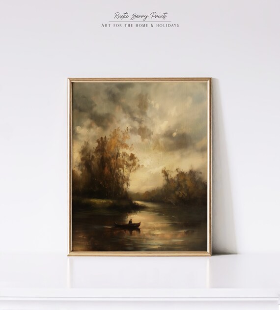 Moody Landscape Lake Painting Wall Art Boat On Lake Warm Autumn Tones Antique Print Home Decor Cottagecore