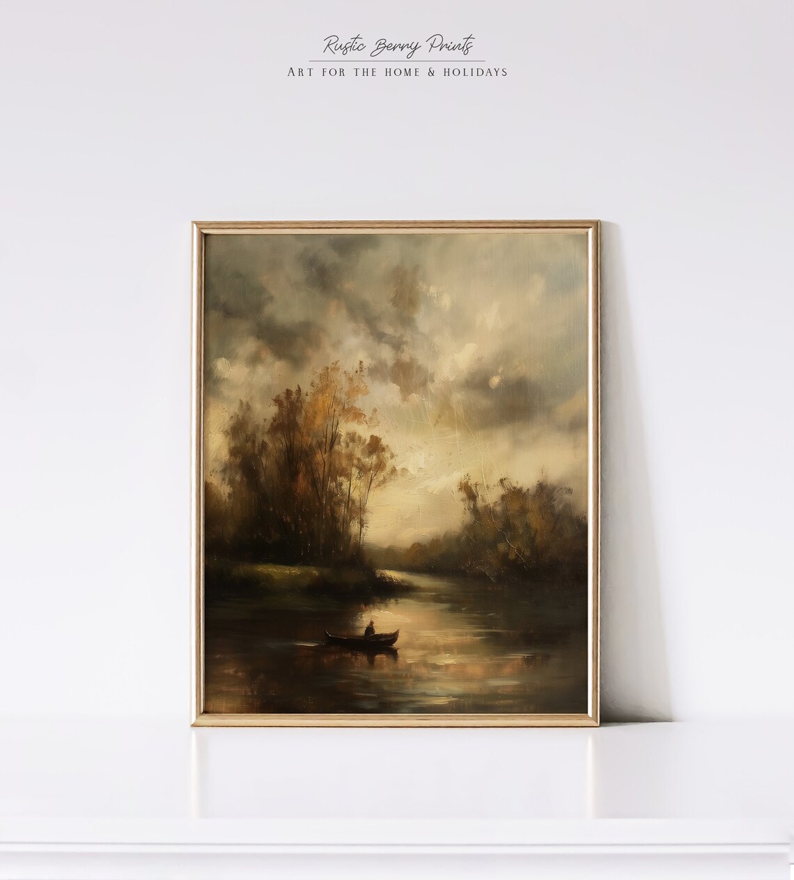 Lone Rower On Moody Lake At Dusk Dramatic Clouds Dark Water Art Poster