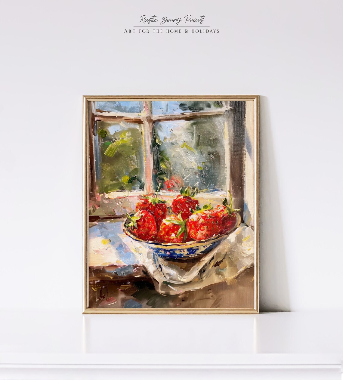 Bowl Of Strawberries By Window Vintage Oil Painting Kitchen Wall Art