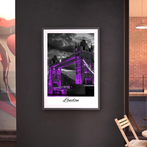 London Tower Bridge Night Purple Lights City Landmark Travel Poster