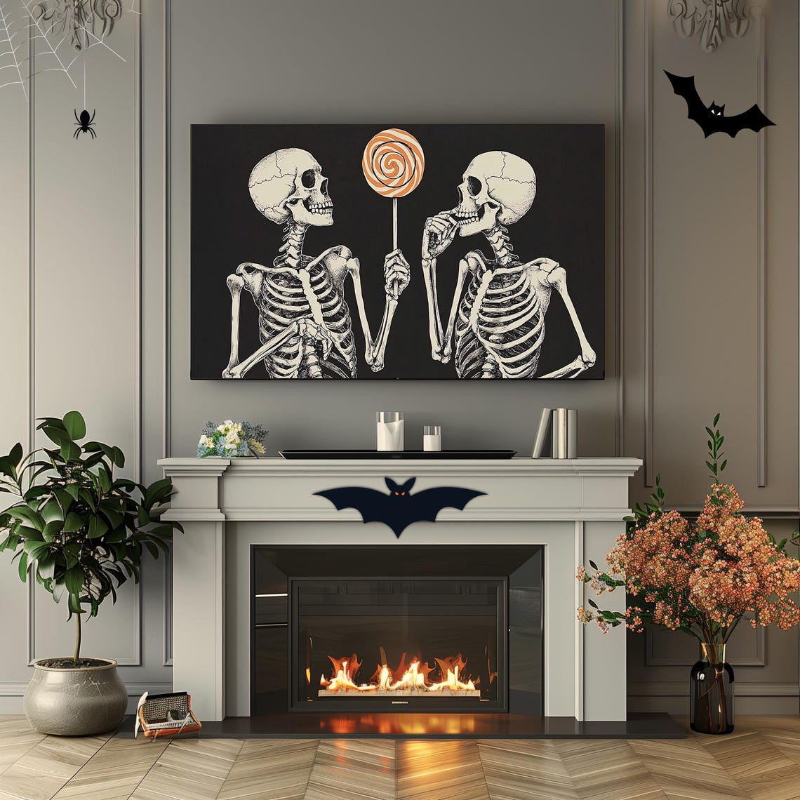 Halloween Skeletons Lollipop Treat Black Vintage Line Art Wall Poster - Image 2