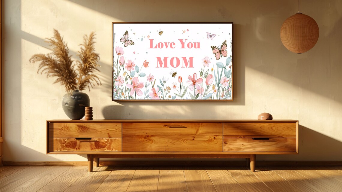 Love You Mom Pink Wildflowers Butterflies Watercolor Art Poster - Image 2