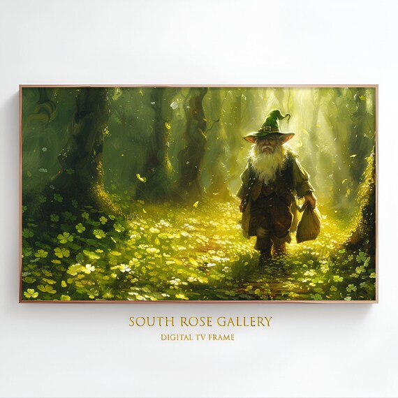 Tv Frame Art St Patricks Day Tv Art Leprechaun Walking In Shamrock Forest Painting Tv Art