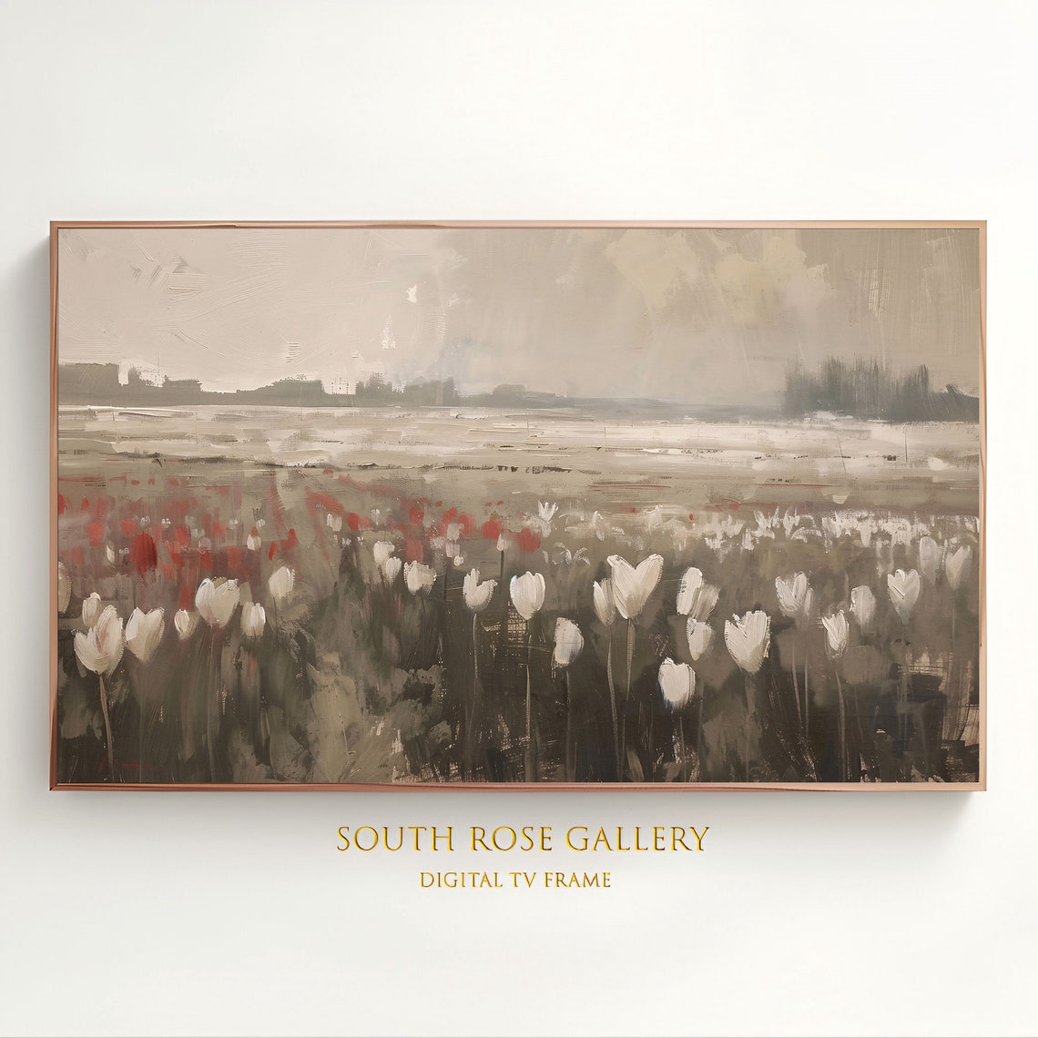 Vintage White Tulip Field Muted Tones Cottage Landscape Art Poster