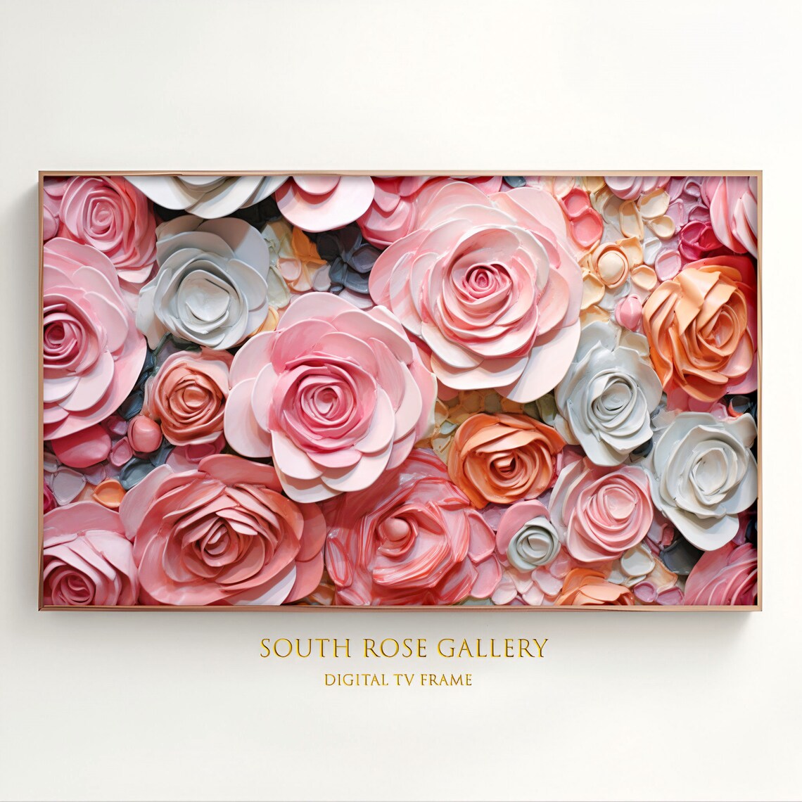 Pastel Roses 3D Impasto Flowers Pink Peach Blue Textured Art Poster