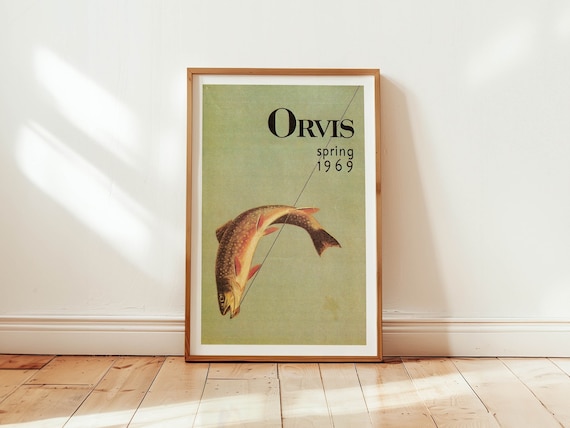 Orvis Spring 1969 Vintage Fishing Poster Leaping Trout Fly Catalog Cabin Art