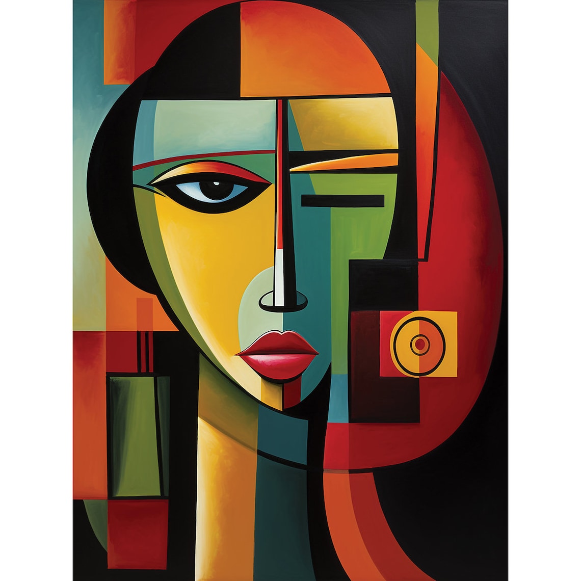 Bold Cubist Woman Portrait In Red Gold And Green Geometric Poster