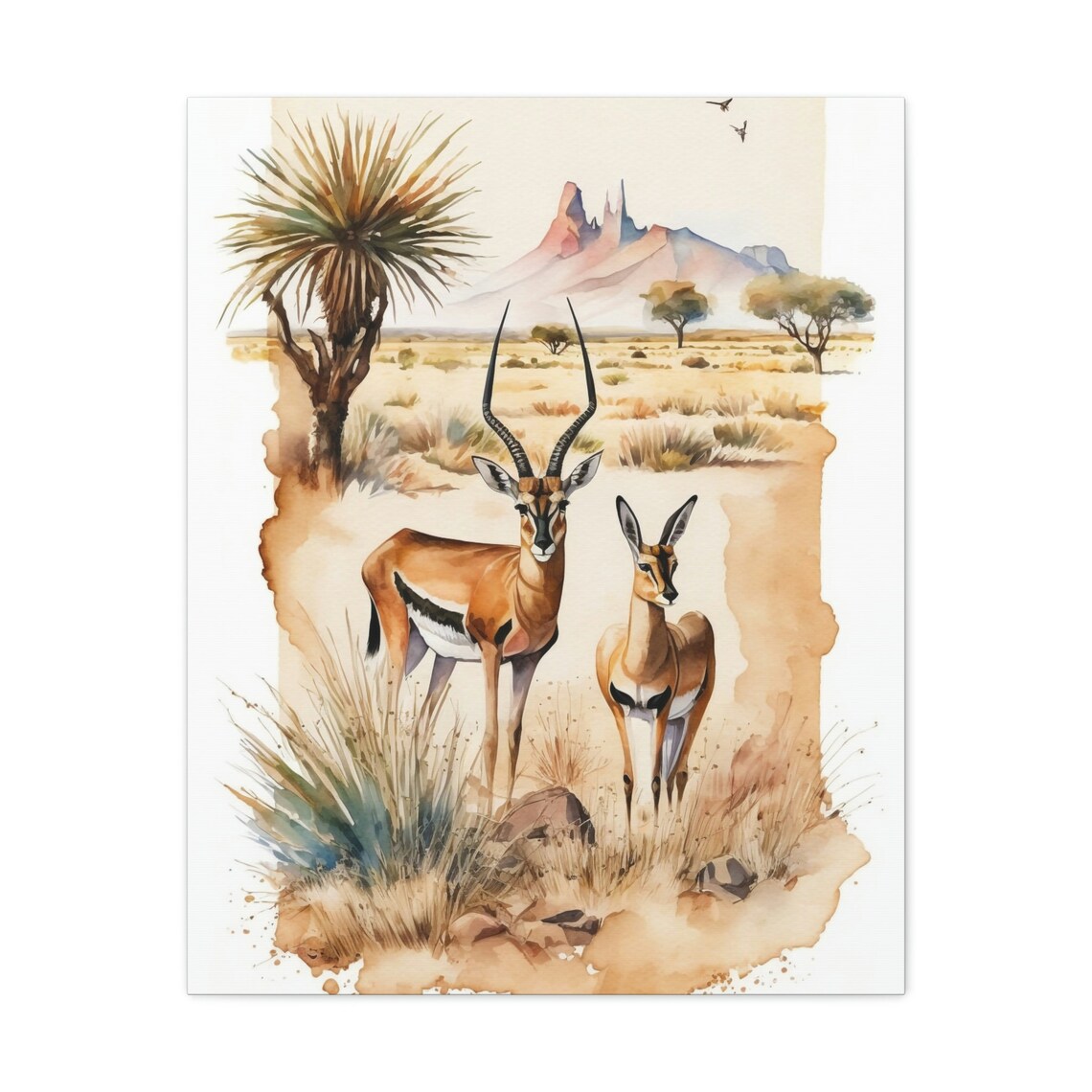 Two Gazelles In African Savannah Watercolor Wildlife Art Poster