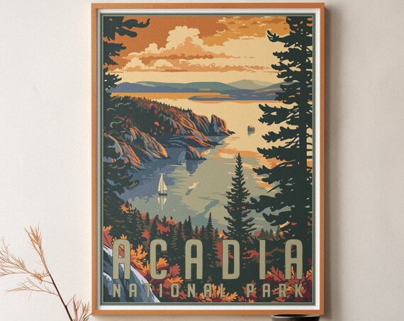 Acadia National Park Maine Autumn Coastline Vintage Travel Poster