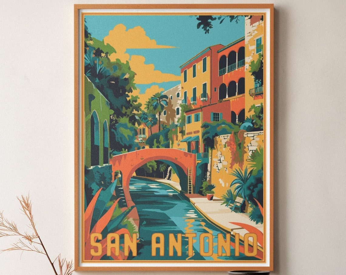 San Antonio River Walk Red Bridge Tropical Travel Poster Gift