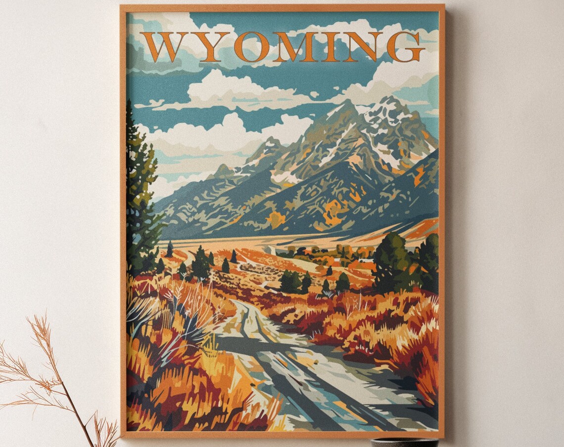 Wyoming Grand Teton Peaks Autumn Meadow Road Vintage Travel Poster