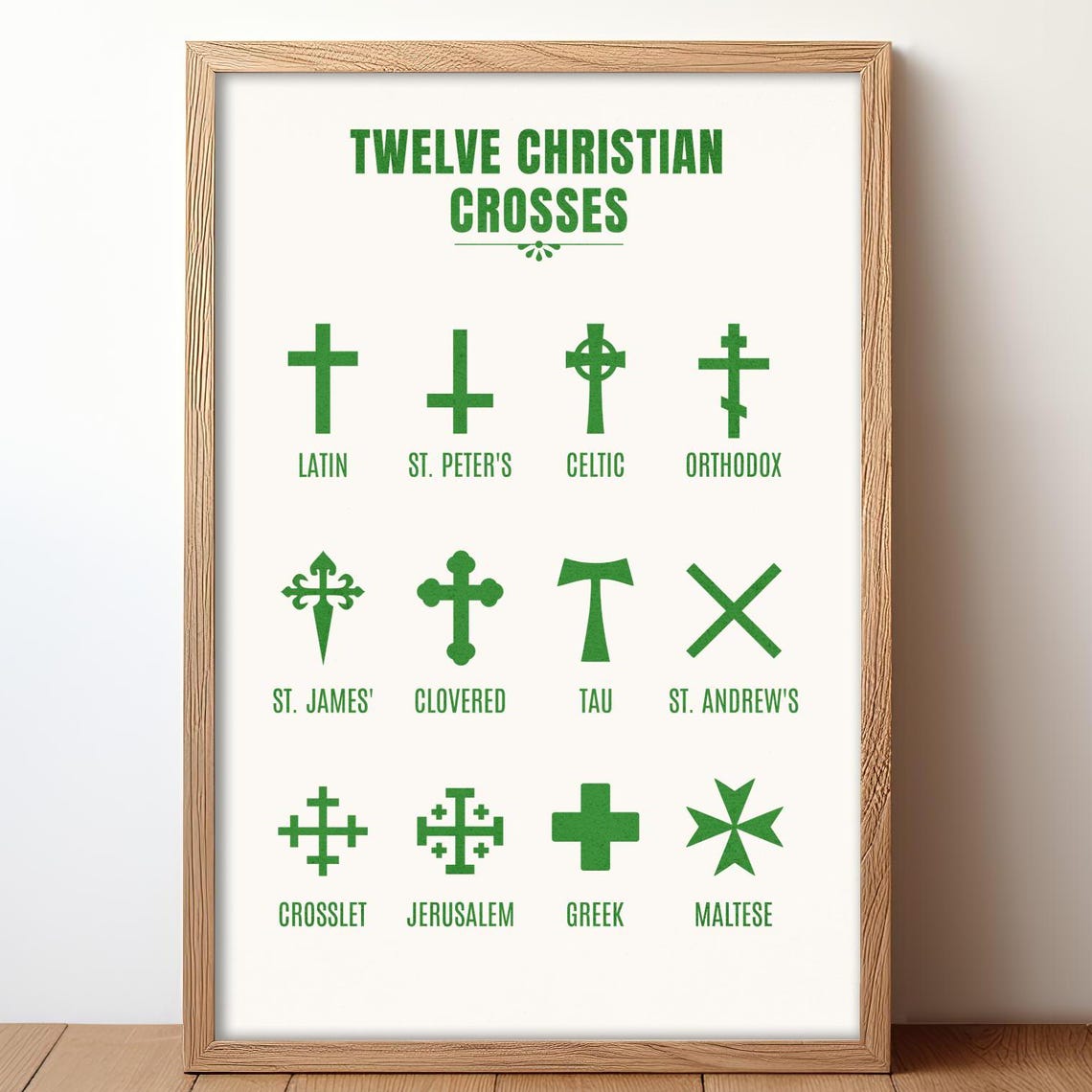 Twelve Christian Crosses Green Educational Symbols Chart Poster
