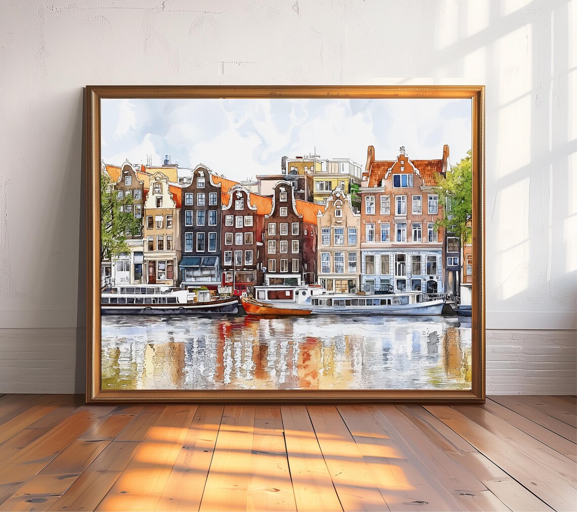 Amsterdam Watercolor Print, Dutch Canal Cityscape Art