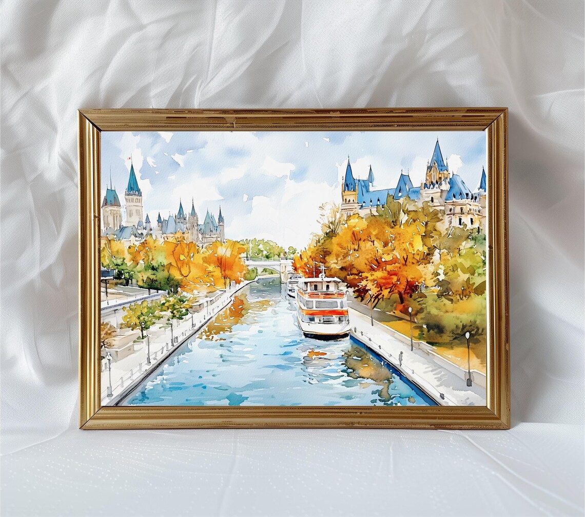 Ottawa Canada Watercolor Rideau Canal Parliament Autumn Cityscape Wall Art