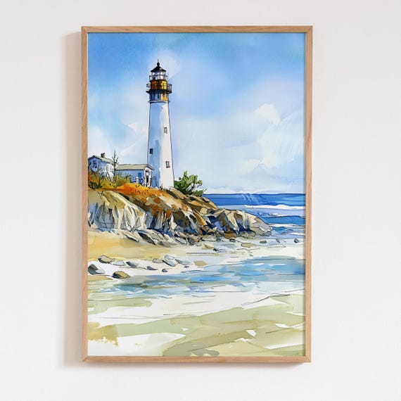 Lake Lighthouse Watercolor Art Print Coastal Travel Poster Wall Decor Unique Gift For Nature Lovers