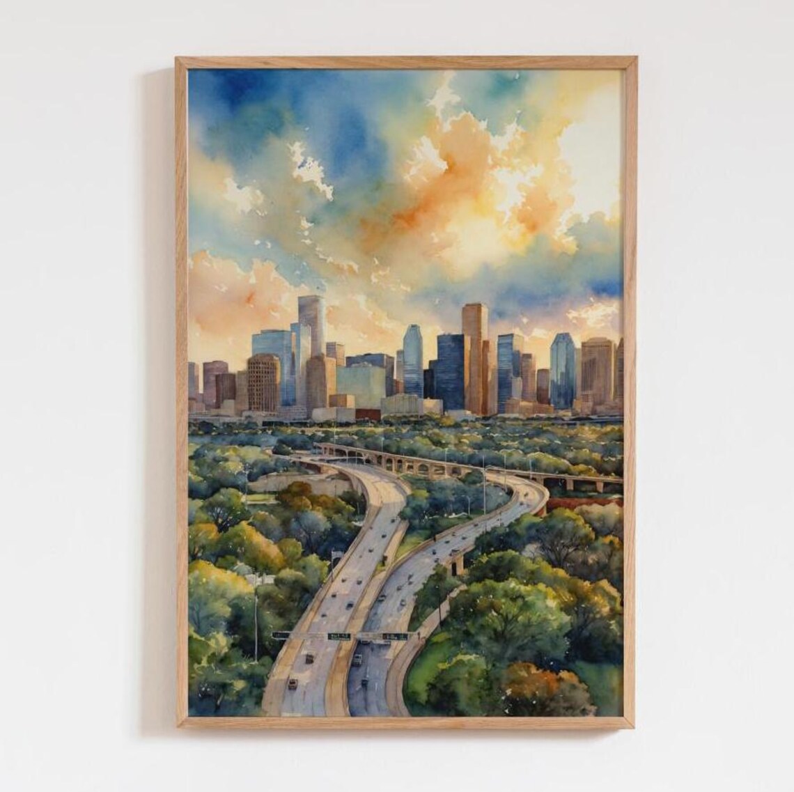 Houston Texas Skyline Freeway Loop Watercolor Downtown City Art Poster