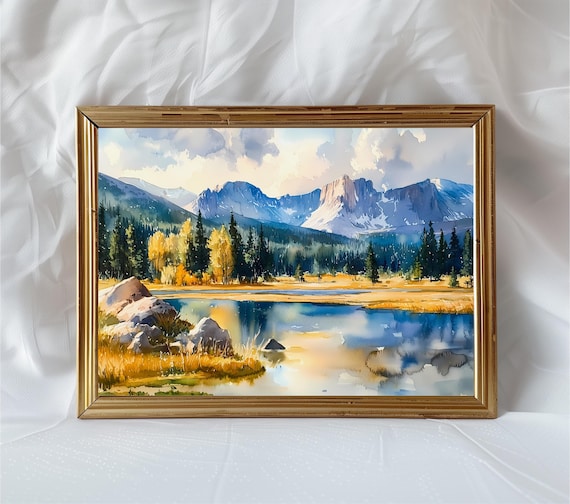 Rocky Mountains Alpine Lake Watercolor Painting Autumn Peaks Scenic Poster