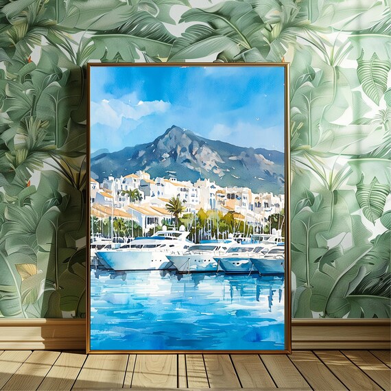 Marbella Marina Watercolor Art Print, Spain Coastal