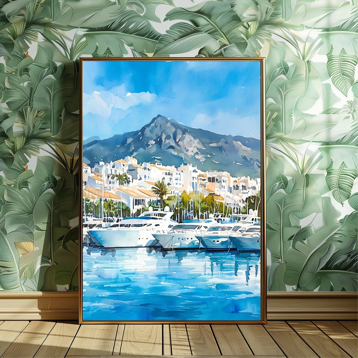 Marbella Marina Watercolor Art Print, Spain Coastal