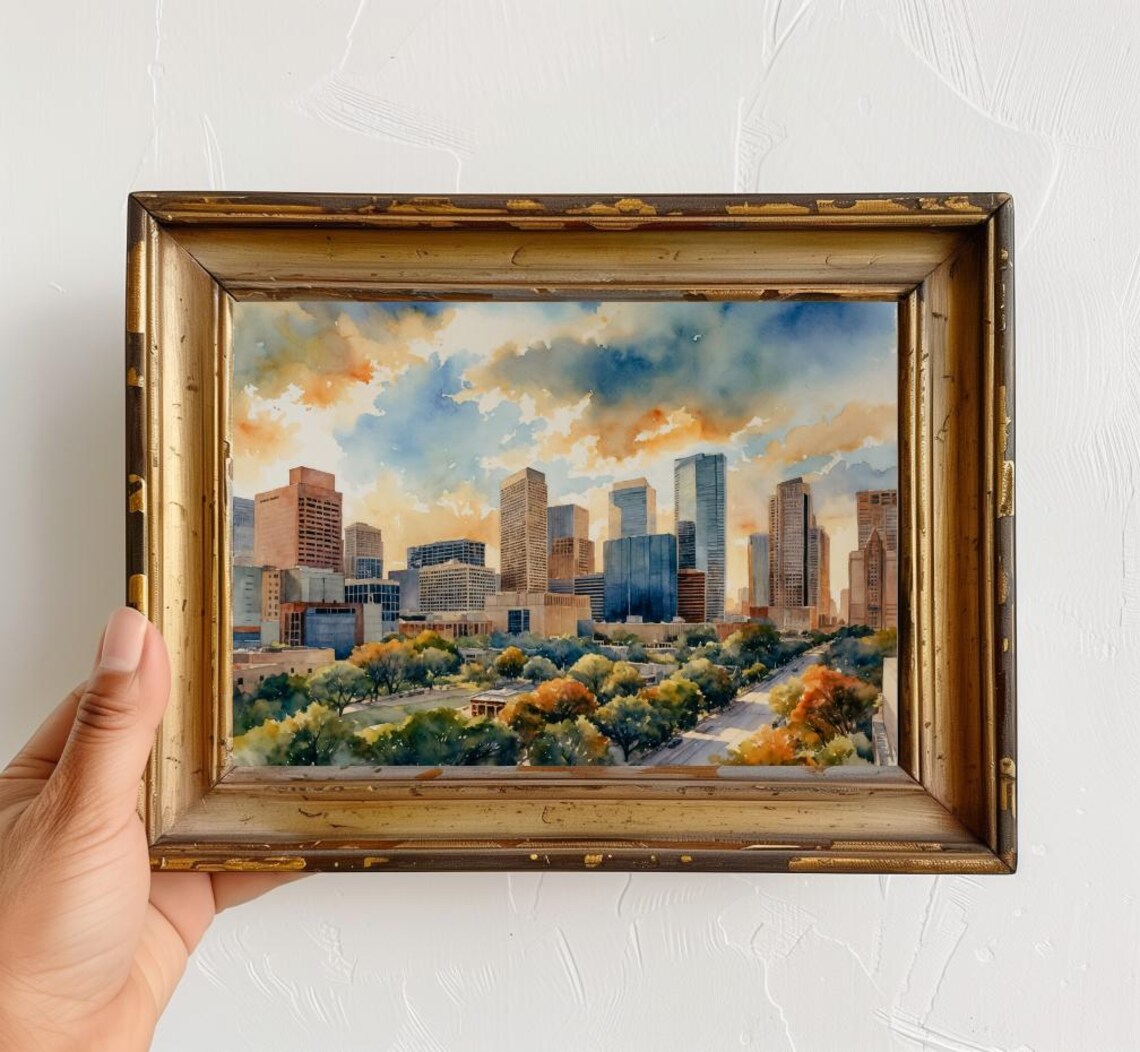 Houston Texas Skyline Watercolor Downtown Golden Hour City Poster