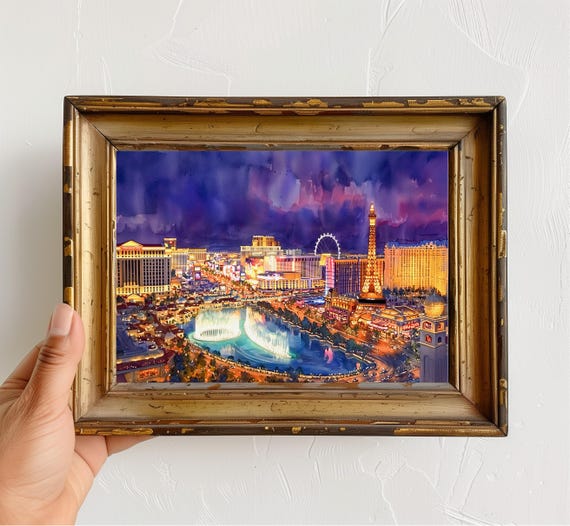 Las Vegas Watercolor Print, Night Cityscape Art